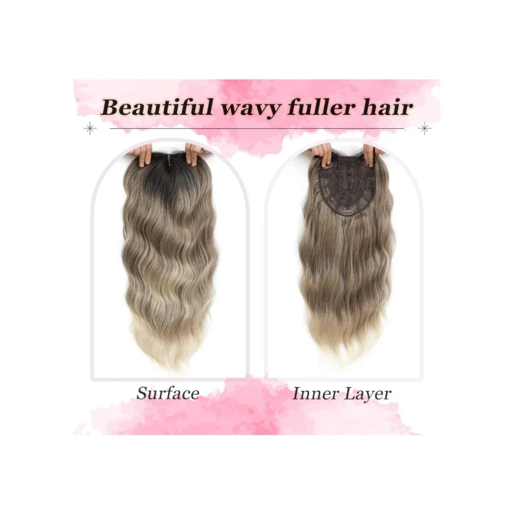 20 Inch Wavy Hair Topper‎ Ombre Blonde Dark Roots 360 3D Silk Base Clip In Bangs
